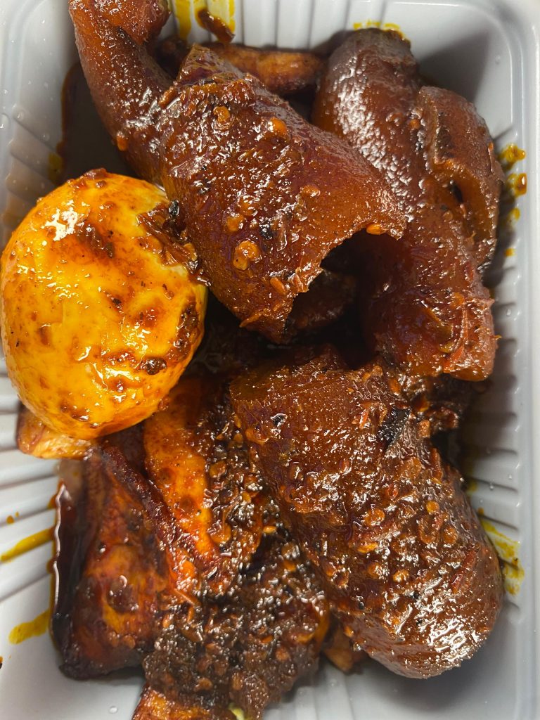 Ewa Agoyin paired with dodo, ponmo and egg